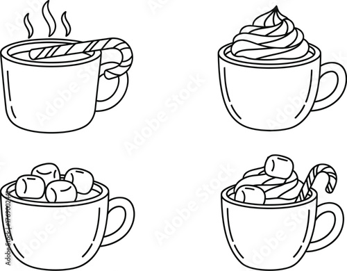 Four illustrated coffee cups with different toppings and styles