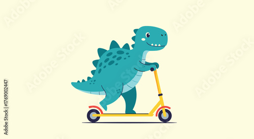 A charming teal cartoon dinosaur with a spiky back and a joyful smile is enthusiastically riding a bright yellow kick scooter on a plain cream background.
