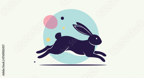 A minimalist graphic illustration depicts a stylized dark rabbit leaping forward against a light blue circle, surrounded by pastel geometric shapes and dots.