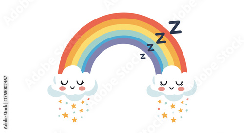 Cute cartoon rainbow with sleeping clouds and falling stars, symbolizing sweet dreams or bedtime comfort.