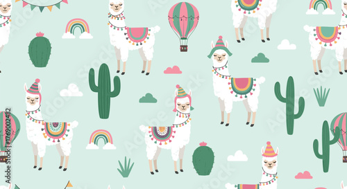 Whimsical seamless pattern featuring adorable llamas in party hats and colorful blankets, with cactuses, hot air balloons, and rainbows.