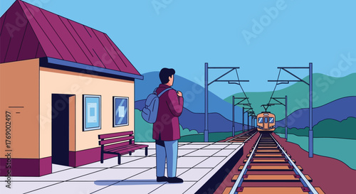 Illustration of man waiting train at station platform vector design editable vector