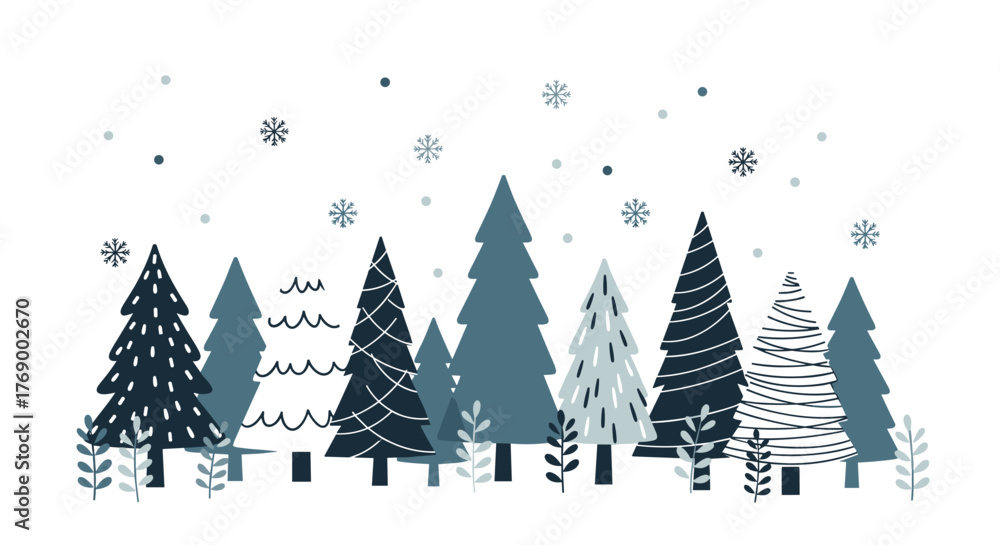 Obraz premium A stylized illustration of a serene winter forest landscape featuring various evergreen trees and falling snowflakes in shades of blue and white.