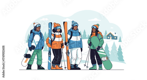 Group of Friends Skiing in Winter Landscape with Snowboards and Skis Illustration