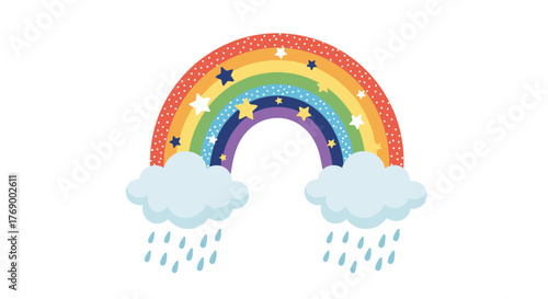 A whimsical illustration features a vibrant rainbow adorned with colorful stars, accompanied by two fluffy clouds gently raining blue drops below.