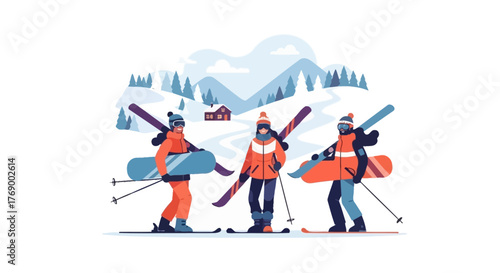 Group of Skiers and Snowboarders Enjoying a Winter Adventure in the Mountains
