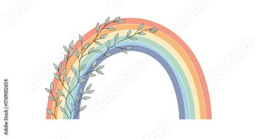A pastel rainbow arch gently embraced by delicate green vines and leaves, symbolizing nature, growth, hope, and peace.