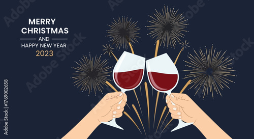 Festive Cheers Toasting to Christmas and New Year 2023 with Wine and Fireworks