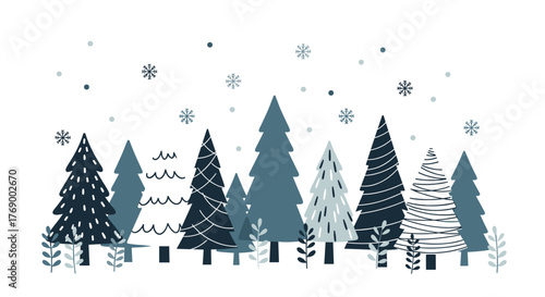 A stylized illustration of a serene winter forest landscape featuring various evergreen trees and falling snowflakes in shades of blue and white.