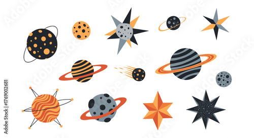 Whimsical collection of colorful space objects including planets, stars, and a comet, perfect for educational or decorative designs.