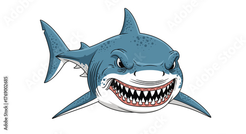 Dynamic illustration of a menacing blue shark with a wide-open mouth, revealing rows of sharp teeth and an intense expression.