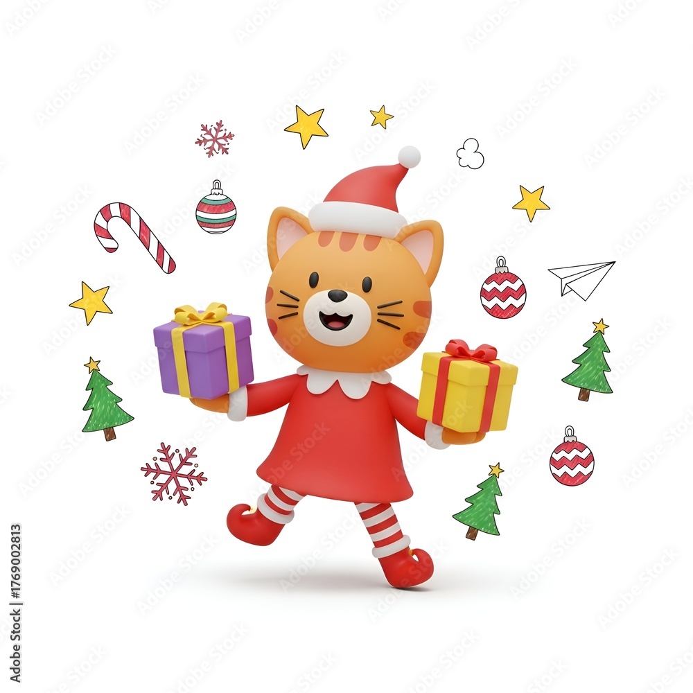 Naklejka premium 3d illustration of cute cat wearing a santa hat isolated on white background