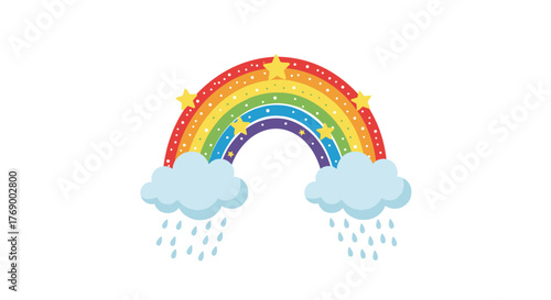 A beautiful and vibrant cartoon rainbow arching over clouds with gentle rain and sparkling stars on a clean white background.