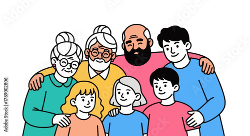Happy Family Portrait Illustration Featuring Parents, Grandparents, and Children in a Heartwarming Embrace