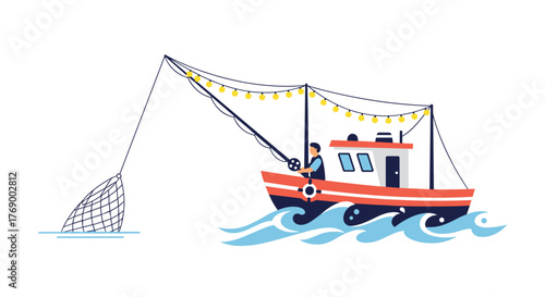 A fisherman on a red and black boat pulls a fishing net from the wavy blue sea, with string lights decorating the vessel.