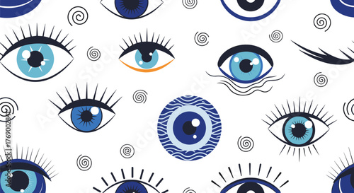 Seamless pattern with various stylized blue eyes, some resembling the evil eye talisman, interspersed with black swirl designs on white.