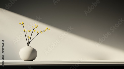 Minimalist white vase with yellow budding branches sits on a shelf under harsh diagonal sunlight