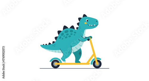 A happy blue-green cartoon dinosaur with a spiky back and spots joyfully rides a vibrant yellow and blue scooter, isolated on white.