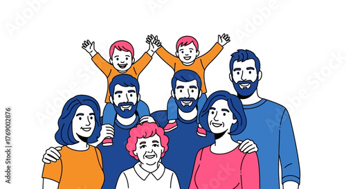 Extended Family Illustration Multi-Generational Group Portrait with Children, Parents, and Grandparents