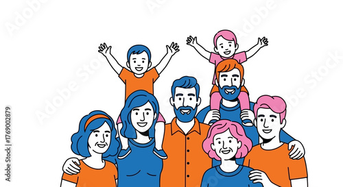 A vibrant and diverse multi-generational family portrait illustrating the warmth of togetherness and strong bonds in a cheerful, modern line art style