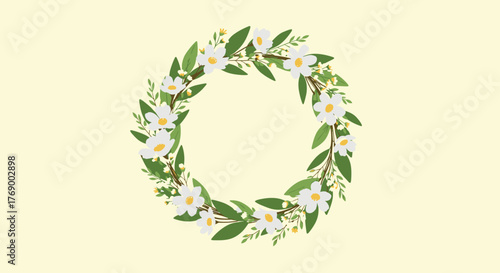A delicate spring floral wreath with white flowers and green leaves on a soft yellow background, perfect for invitations or decorative elements.