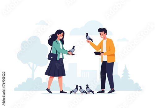 Woman and man feeding pigeons in a beautiful park setting, perfect for illustrating outdoor activities, leisure time, and urban scenes.