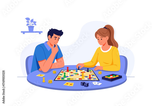 Man and woman focused on a board game. Suitable for recreational or leisure activities, couples spending quality time, and indoor hobbies.