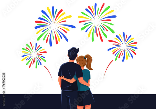 Couple hugs watching vibrant fireworks suitable for new year celebrations, romance, love, festivities, joy, emotions, togetherness, and happiness.
