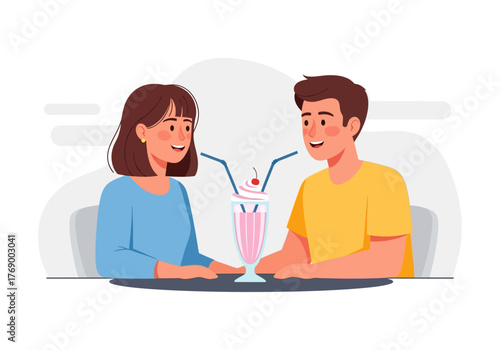 Two individuals enjoy a pink milkshake with cherry on top, sipping through straws. Suitable for food blogs, restaurant promotions, social media posts.