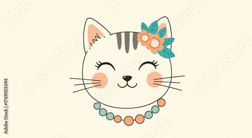 An adorable cartoon cat head illustration with closed eyes and a gentle smile, adorned with a whimsical floral headband and a colorful beaded necklace.