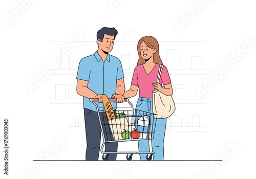 Multiple shops with fresh groceries in a shopping cart at the store suitable for grocery store advertisements, food blogs.