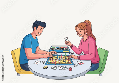 Couple enjoys board game in cozy room suitable for leisure, recreation, family bonding, indoor activities, entertainment, tabletop games.