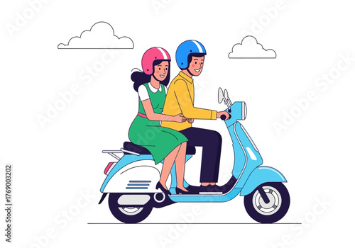 Woman and man on blue scooter with helmets, under clouds. Suitable for transportationrelated designs, travel brochures, and adventurethemed content.