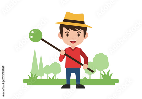 Boy with a staff and hat in field, suitable for childrens book illustrations, educational materials, and fantasythemed designs.