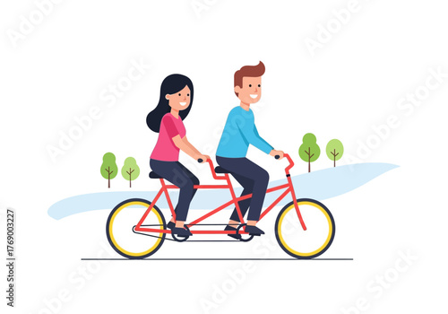 Couple on a red tandem bicycle in a scenic park suitable for lifestyle, leisure, cycling, love, outdoors, naturethemed designs.