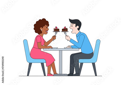 Couple enjoying chocolate cakes at blue table, perfect for restaurant promotions, food blogs, romantic occasions, dessert menus, and cafes.