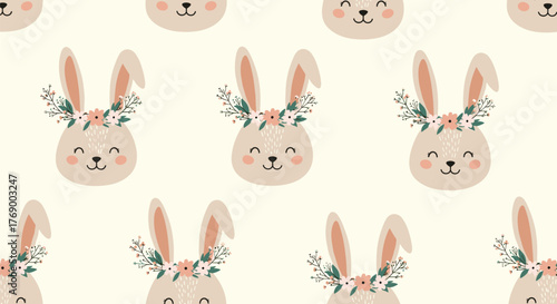 Seamless pattern of adorable smiling bunny faces adorned with delicate floral crowns, set against a soft beige background, perfect for spring and Easter designs.