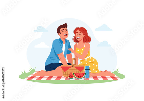 Happy couple picnic with watermelon slice. Perfect for summer, lifestyle, romance, leisure, dining, outdoor activities, happiness, love, and relationships themes.