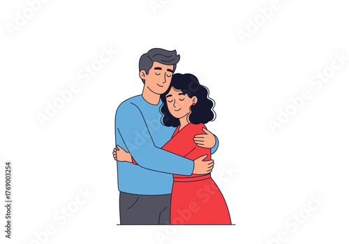 Man and woman embrace in a loving hug, perfect for romantic themes, relationship concepts, valentines day designs, and cards.