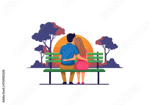 Romantic couple on a park bench at sunset  ideal for relationship themes, love, lifestyle, relaxation, affection, leisure concepts.