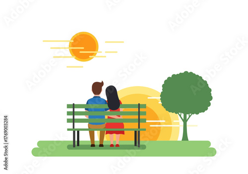 Couple on bench at sunset near tree. Suitable for romance, love, relationships, relaxation, nature, tranquility, and outdoor concepts.