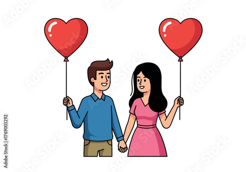 Couple holds hands with heart balloons in a joyful romantic setting. Perfect for valentines day or anniversarythemed designs.