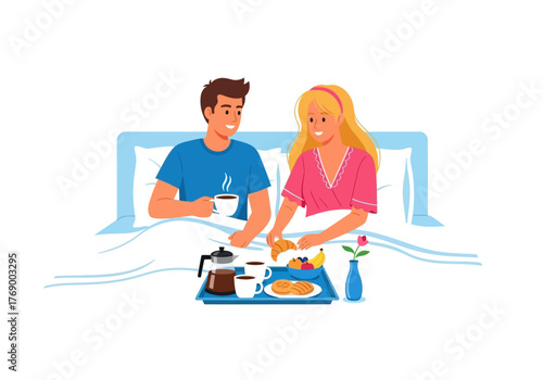 Happy couple enjoying breakfast in bed together, beautifully illustrated. Perfect for lifestyle blogs, relationship content, and advertisements.