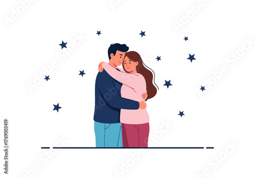 Couple hugs among stars expressing love, togetherness, and connection. Suitable for romantic designs and relationshipthemed projects.