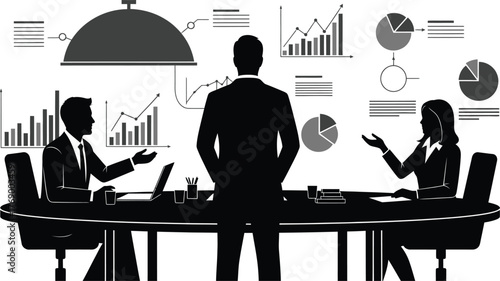 Business meeting presentation strategy discussion data analysis team work editable vector