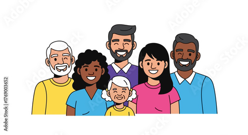 Diverse multi-generational group portrait featuring happy family members standing together, representing unity and community in a modern illustration style