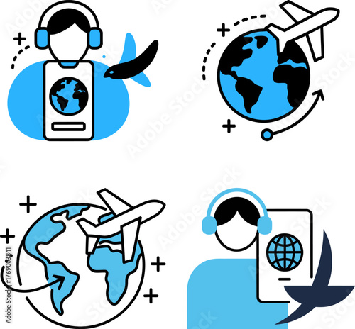 Set of travel icons featuring passport control and global flights minimalist vector design for tourism and international business on Transparent Background