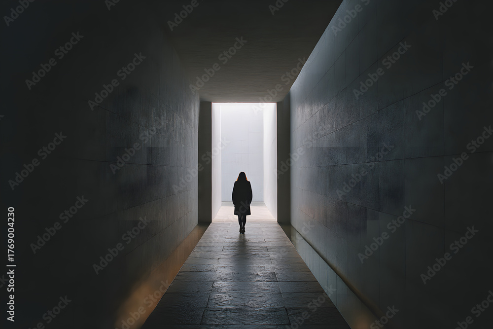 Fototapeta premium Silhouette of Serenity: A lone figure walks into the light at the end of a long, dimly lit corridor, embodying solitude and a journey towards hope.