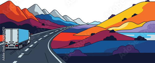 Trucking industry logistics transport delivery route scenic mountain road editable vector