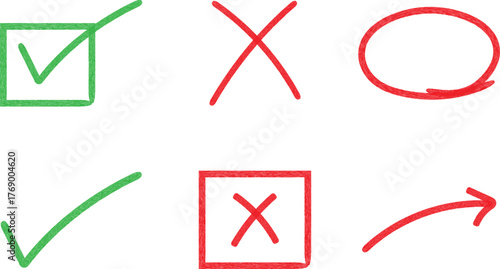 Hand-drawn check marks, crosses, and circles in green and red, representing validation and rejection